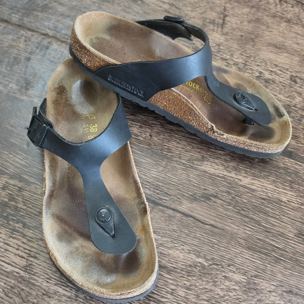 BIRKENSTOCK Gizeh Sandals Womens‎ 38 Black Birko-Flor Thong Buckle Cork Footbed